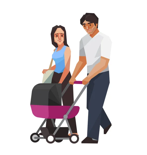 Famille, Couple avec chariot bébé, Illustration vectorielle . — Image vectorielle