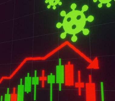 Borsa dijital ekranı, grafiğin düşüşü ve Corona virüsü, üç boyutlu resimleme. 
