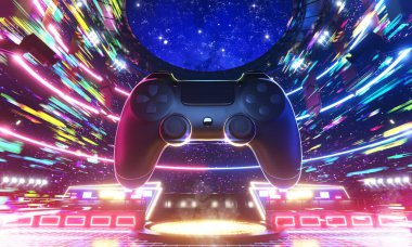 E-spor arenası ve Game joypad renkli ışık hızında, 3 boyutlu resimleme.