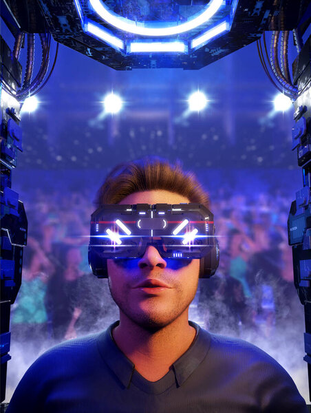  Gamer on virtual reality glasses, 3d rendering Concept art illustration.