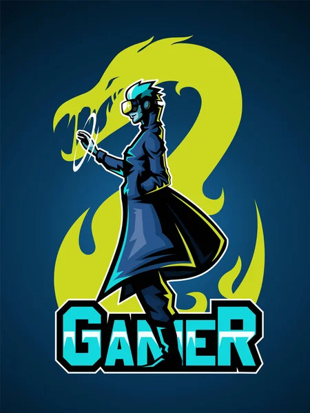 Aydınlatma ejderhasındaki VR gözlüklü adam, Vector ve spor logosu..