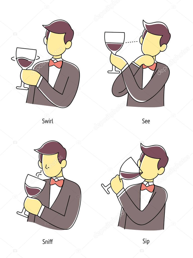 Man taste wine in four step method, Vector illustration.