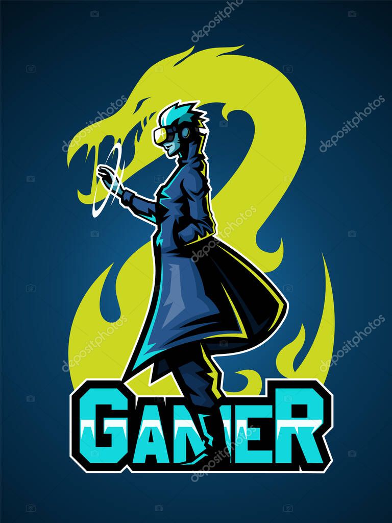 The man with VR glasses on the illumination dragon, Vector e sport logo.