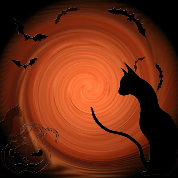 Halloween: Katze, Fledermäuse, Kürbis - dekorative Komposition. — Stockfoto