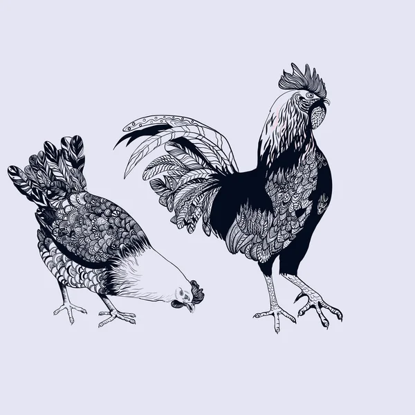 Decorative vector image of a rooster  and a hen. — Stockový vektor