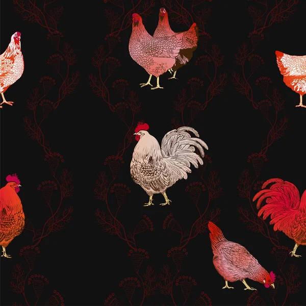 Rooster and chickens. Seamless vector background. — Stockový vektor