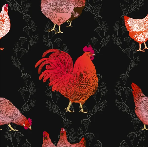 Rooster and chickens. Seamless vector background. — Stockový vektor