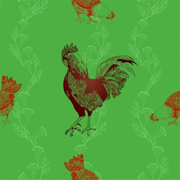 Rooster and chickens. Seamless vector background. — Stockový vektor