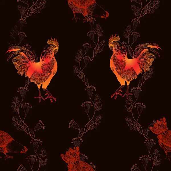 Rooster and chickens. Seamless vector background. — Stockový vektor