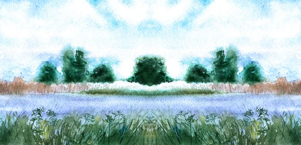 草地、 树木和天空-景观。水彩绘画。海报. — 图库照片