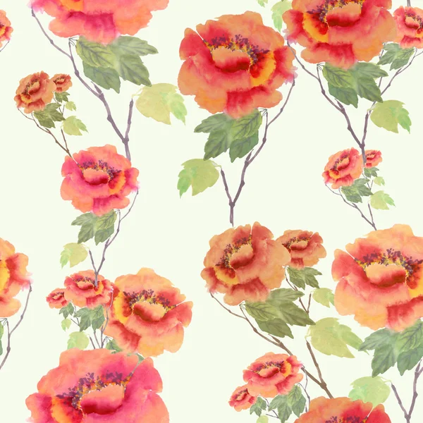 Naadloze achtergrond. Tak met bloemen, laat pioenrozen - aquarel. — Stockfoto