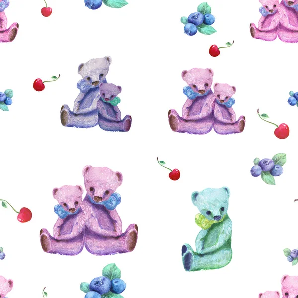 Naadloze patroon. Teddy beer, kersen en bosbessen - achtergrondafbeelding. — Stockfoto