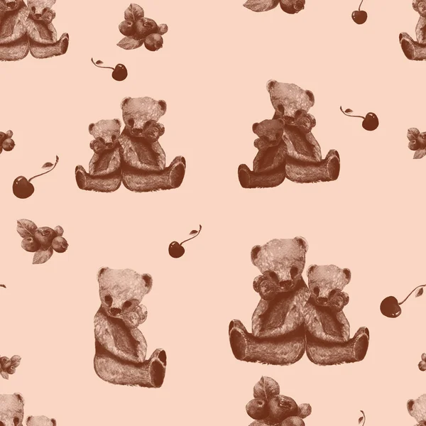 Varrat nélküli mintát. Mackó, cseresznye és fekete áfonya - háttérkép. — Stock Fotó