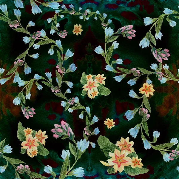 Απρόσκοπτη φόντο. Κολάζ από λουλούδια και φύλλα σε ένα φόντο υδατογραφι. — Φωτογραφία Αρχείου