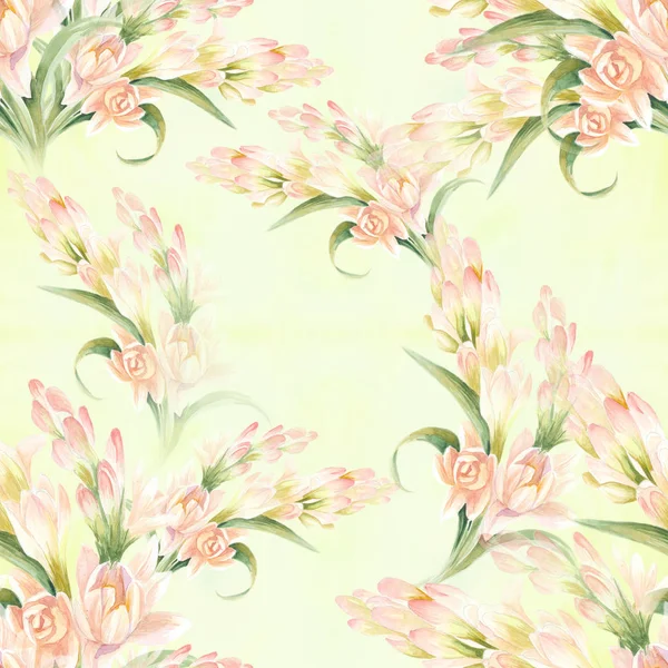 Tuberose - branches. Seamless pattern. medicinal, perfumery and cosmetic plants. Wallpaper. Watercolor. — Stock Photo, Image