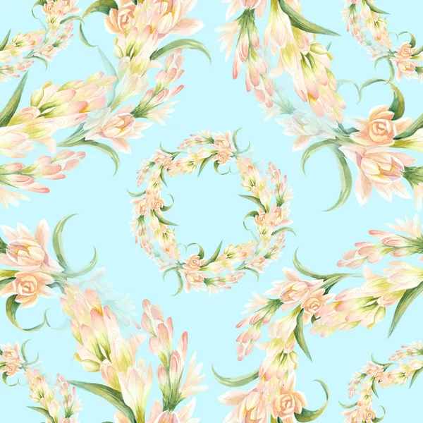 Tuberose - branches. Seamless pattern. medicinal, perfumery and cosmetic plants. Wallpaper. Watercolor. — Stock Photo, Image