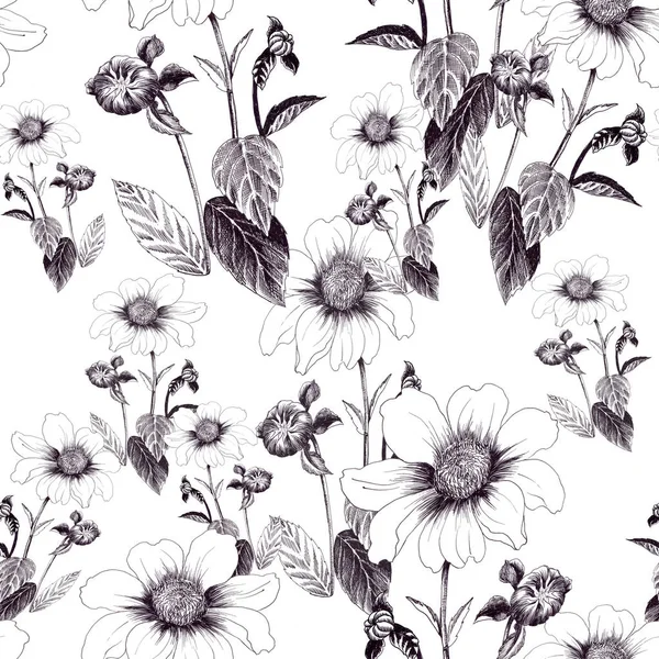 Dahlias. Branch with flowers, leaves and buds. Wallpaper. Seamless pattern. — Stock Photo, Image