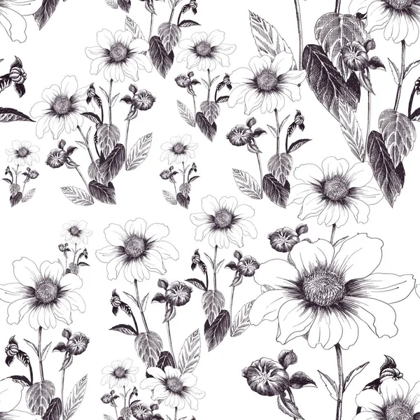 Dahlias. Branch with flowers, leaves and buds. Wallpaper. Seamless pattern. — Stock Photo, Image