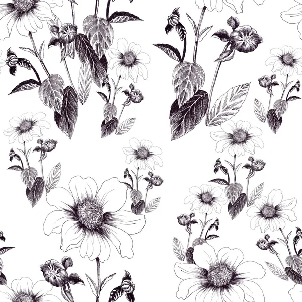 ダリア。花、葉と芽と分岐します。壁紙。シームレス パターン. — ストック写真