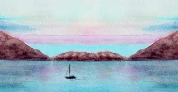 Deniz, dağlar ve gökyüzü - manzara. Suluboya resim. Poster. — Stok fotoğraf