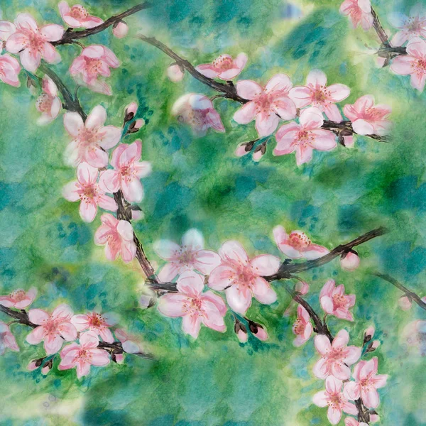 Takken van een bloeiende boom. Aquarel. Behang. Naadloze patroon. — Stockfoto