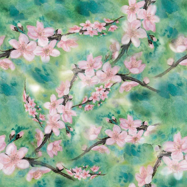 Takken van een bloeiende boom. Aquarel. Behang. Naadloze patroon. — Stockfoto