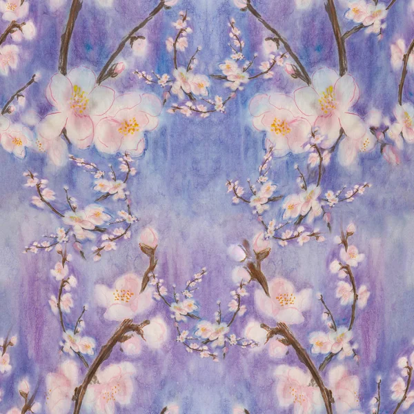 開花木の枝。水彩画。壁紙。シームレス パターン. — ストック写真