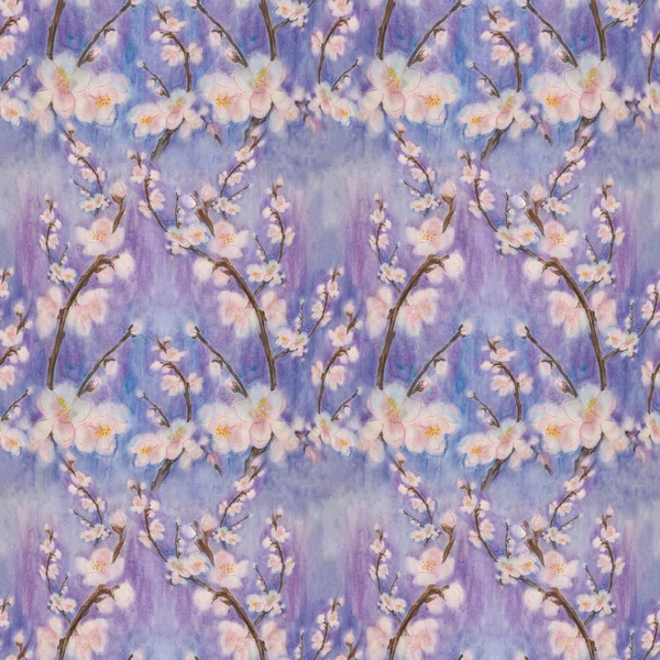 Egy virágzó fa ágait. Akvarell. Háttérkép. Varrat nélküli mintát. — Stock Fotó