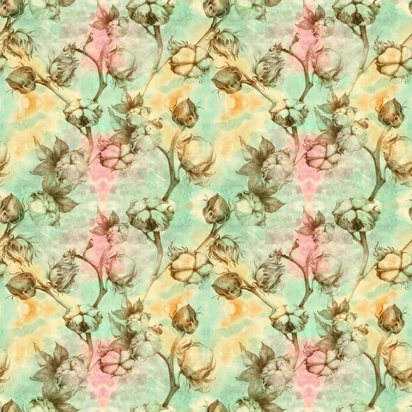 Baumwolle - Stielpflanzen mit Samenschoten. nahtloses Muster. Tapete. — Stockfoto