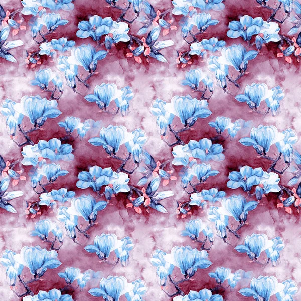 Grenar av en blommande magnolia. Akvarell. Seamless mönster. — Stockfoto