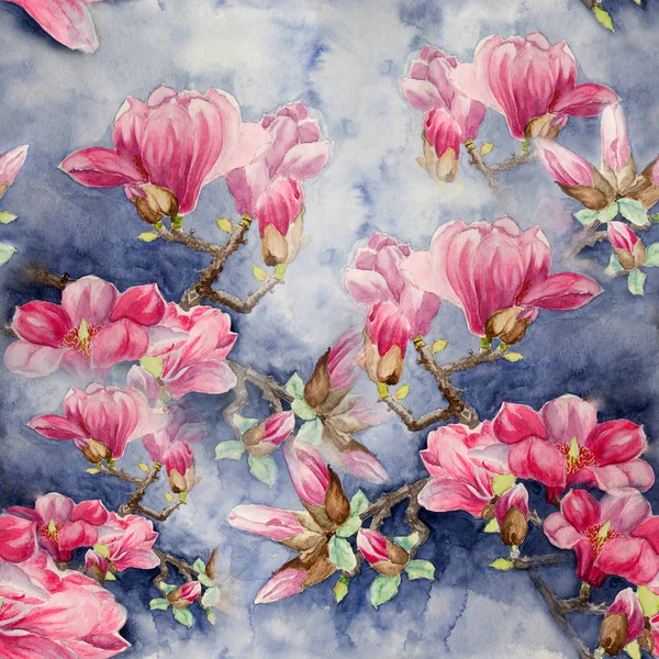 Takken van een bloeiende magnolia. Aquarel. Naadloze patroon. — Stockfoto