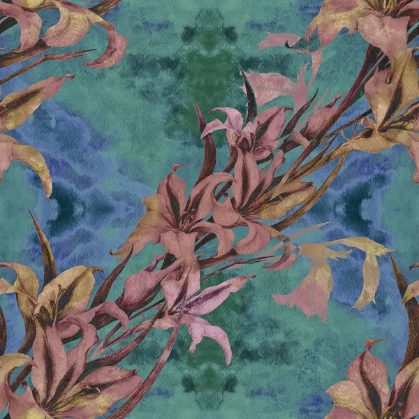 Gladiolus - um ramo com flores e botões. Fundo aquarela. Papel de parede abstrato com motivos florais. Padrão sem costura. Papel de parede . — Fotografia de Stock