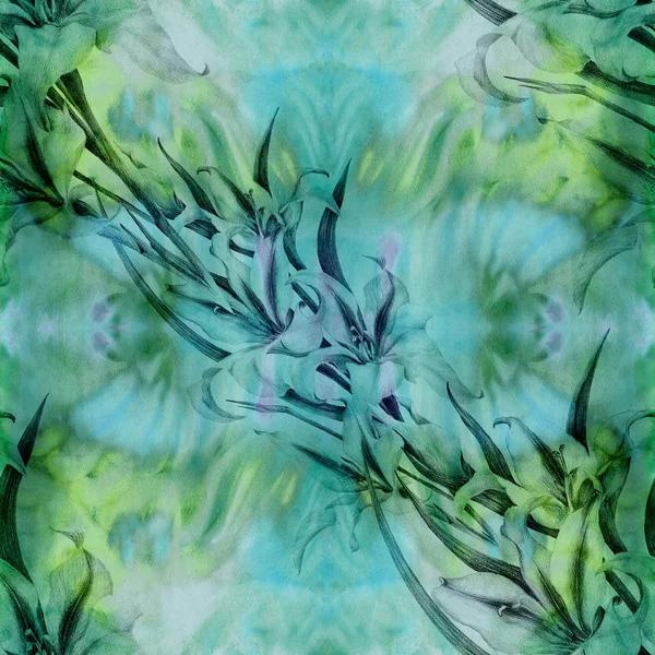 唐菖蒲-花和芽的一个分支。水彩背景。带花纹图案的抽象壁纸。无缝模式。壁纸. — 图库照片