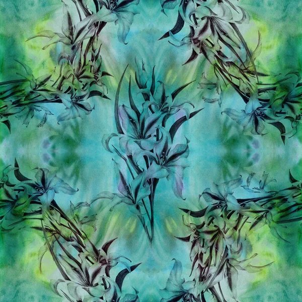 Gladiole - une branche avec des fleurs et des bourgeons. Fond aquarelle. Papier peint abstrait avec des motifs floraux. Modèle sans couture. Papier peint . — Photo