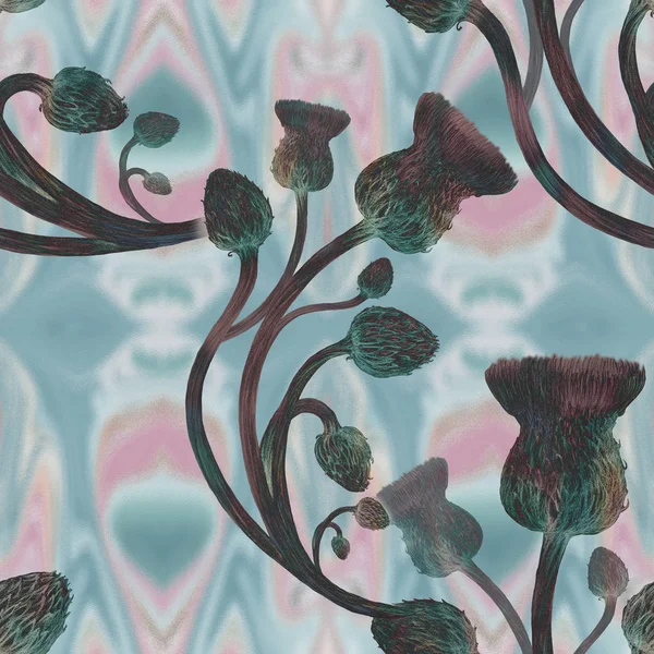 水飞蓟-芽和花。带花纹图案的抽象壁纸。无缝模式。壁纸. — 图库照片