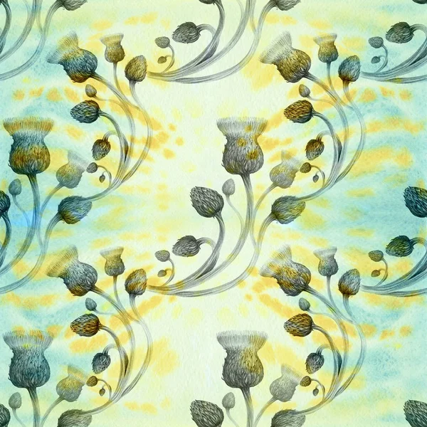 Oset - pąki i kwiaty. Streszczenie Tapety z motywami kwiatowymi. Jednolity wzór. Tapeta. — Zdjęcie stockowe