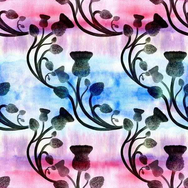 Bodlák - poupata a květy. Abstraktní tapety s květinovými motivy. Vzor bezešvé. Tapety. — Stock fotografie