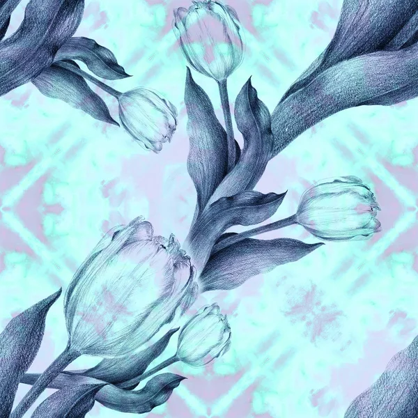 꽃 모티프로 추상적인 배경 화면입니다. 튤립입니다. 수채화 배경입니다. 완벽 한 패턴입니다. 벽지. — 스톡 사진