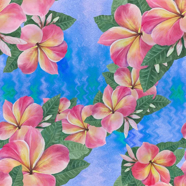 Цветы, листья и почки plumeria.Watercolor фона. Абстрактные обои с цветочными мотивами. Бесшовный шаблон. Обои . — стоковое фото