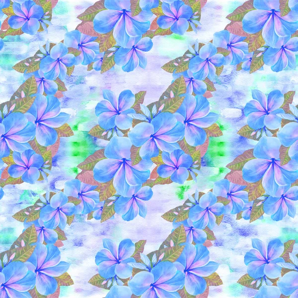 꽃, 잎 및 plumeria의 싹입니다. 수채화 배경입니다. 꽃 모티프로 추상적인 배경 화면입니다. 완벽 한 패턴입니다. 벽지. — 스톡 사진