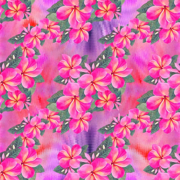 Flowers, leaves and buds of plumeria.Watercolor background. Abstract wallpaper with floral motifs.  Seamless pattern. Wallpaper. — Stock Photo, Image