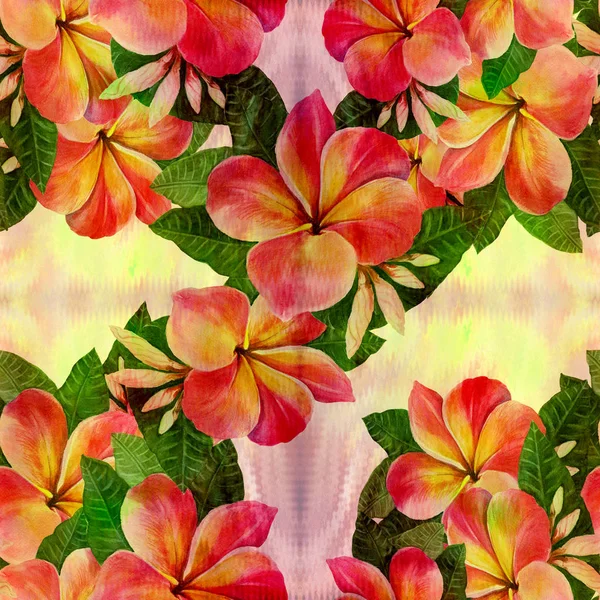 Bloemen, bladeren en toppen van de plumeria. Aquarel achtergrond. Abstracte wallpaper met bloemmotieven. Naadloze patroon. Behang. — Stockfoto