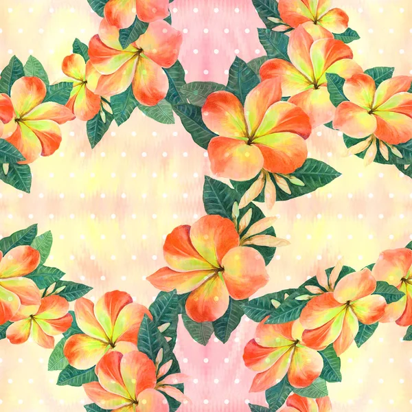 Blumen, Blätter und Knospen von plumeria.watercolor Hintergrund. abstrakte Tapete mit floralen Motiven. nahtloses Muster. Tapete. — Stockfoto