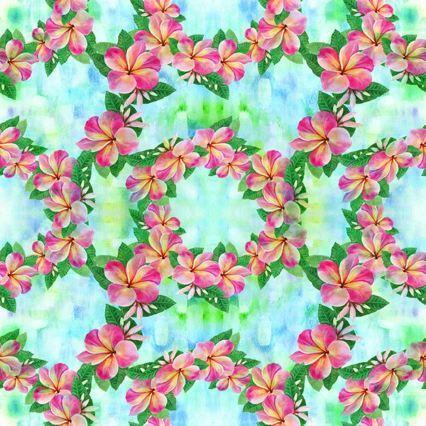 Flores, hojas y brotes de plumeria.Fondo acuarela. Fondo de pantalla abstracto con motivos florales. Patrón sin costuras. Fondos de pantalla . —  Fotos de Stock