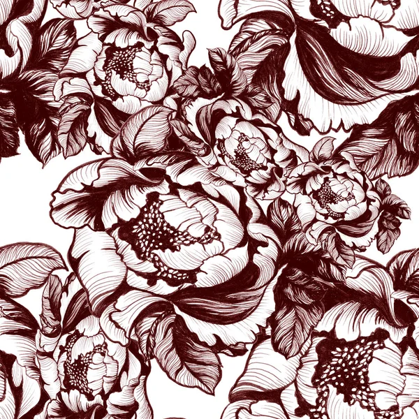 Flores, hojas de peonías.Fondo acuarela. Fondo de pantalla abstracto con motivos florales. Patrón sin costura . — Foto de Stock