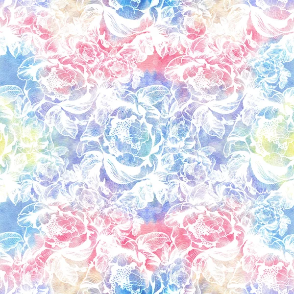 Bloemen, bladeren van pioenrozen. Aquarel achtergrond. Abstracte wallpaper met bloemmotieven. Naadloze patroon. — Stockfoto