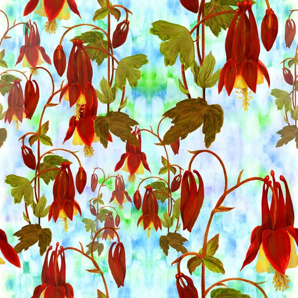 Bloemen, knoppen en bladeren - tekening door aquarel. Aquilegia.Watercolor achtergrond. Abstracte wallpaper met bloemmotieven. Naadloze patroon. — Stockfoto