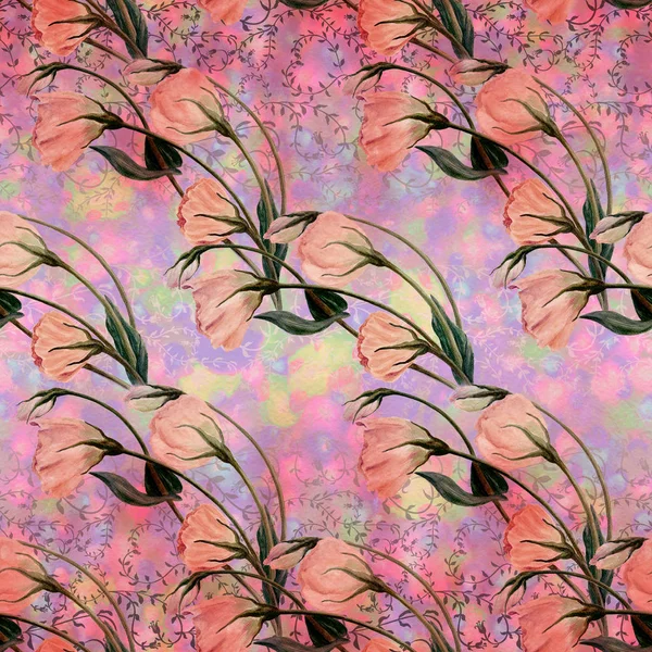 Квіти, бутони і листя - малювання акварель. Eustoma.Watercolor тло. Абстрактних шпалер з квіткових мотивів. Безшовні візерунок. Шпалери. — стокове фото