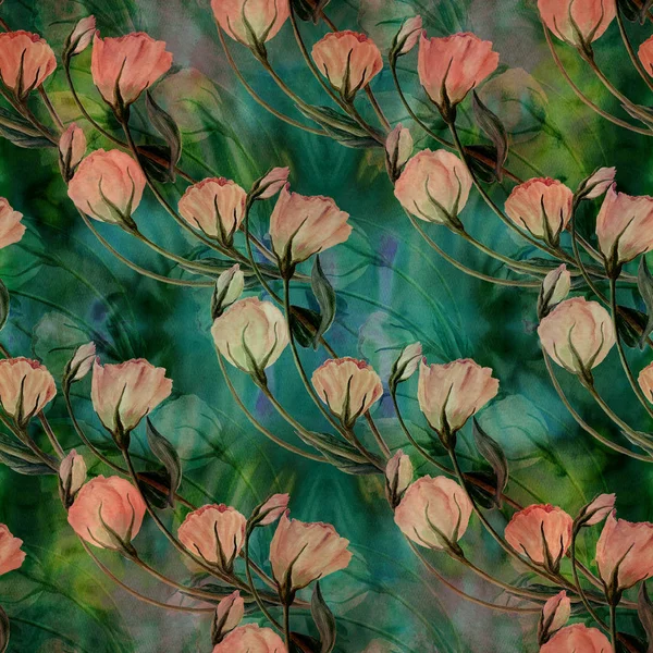 Blommor, knoppar och blad - ritning av akvarell. Eustoma.Watercolor bakgrund. Abstrakt tapet med blommotiv. Seamless mönster. Tapeter. — Stockfoto