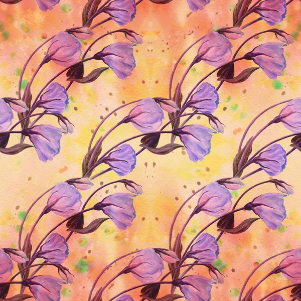 Blommor, knoppar och blad - ritning av akvarell. Eustoma.Watercolor bakgrund. Abstrakt tapet med blommotiv. Seamless mönster. Tapeter. — Stockfoto